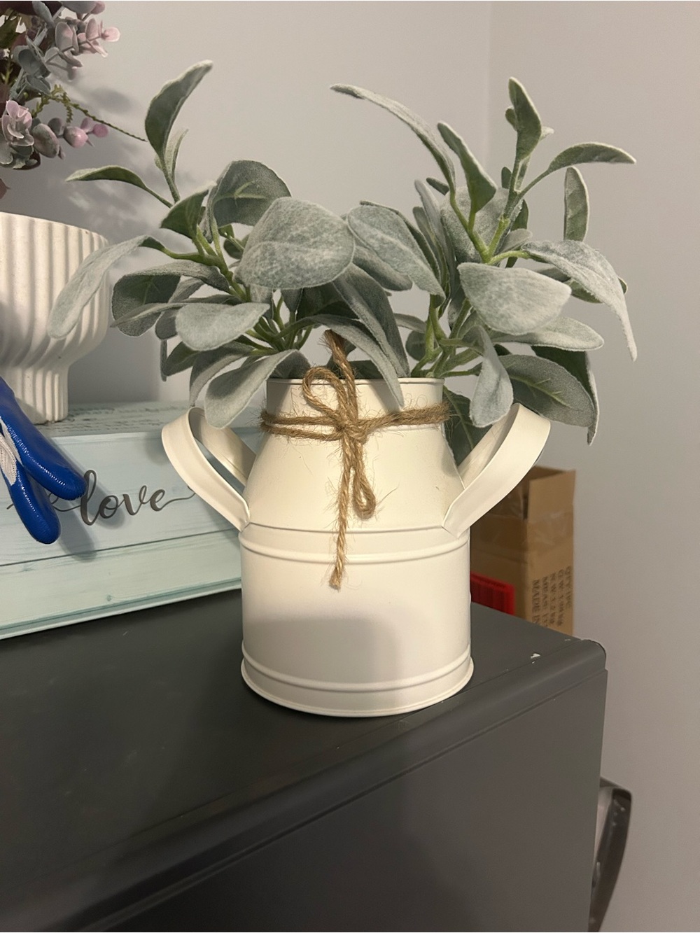 T.J.Maxx Cream Metal Pitcher Vase with Jute Bow